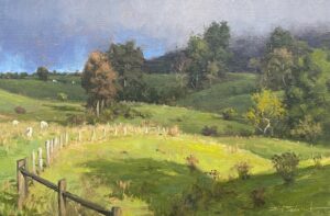 landscape painting by Bill Farnsworth, of an early morning view of a mountain valley