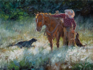painting by James Swanson of a cowboy, his horse and his dog, cooling off in a creek