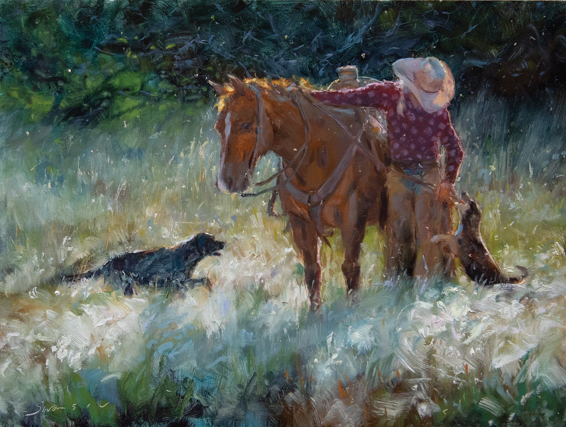 painting by James Swanson of a cowboy, his horse and his dog, cooling off in a creek