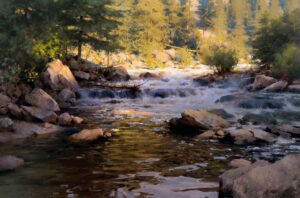 landscape painting by Mark Boedges of a rapids scenery of a colorado river, that is partly in the shadows