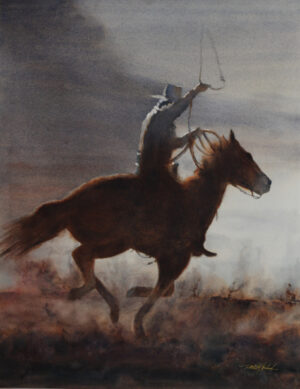 watercolor painting by robert mcfarland depicting a cowboy holding up a lasso, on a running horse