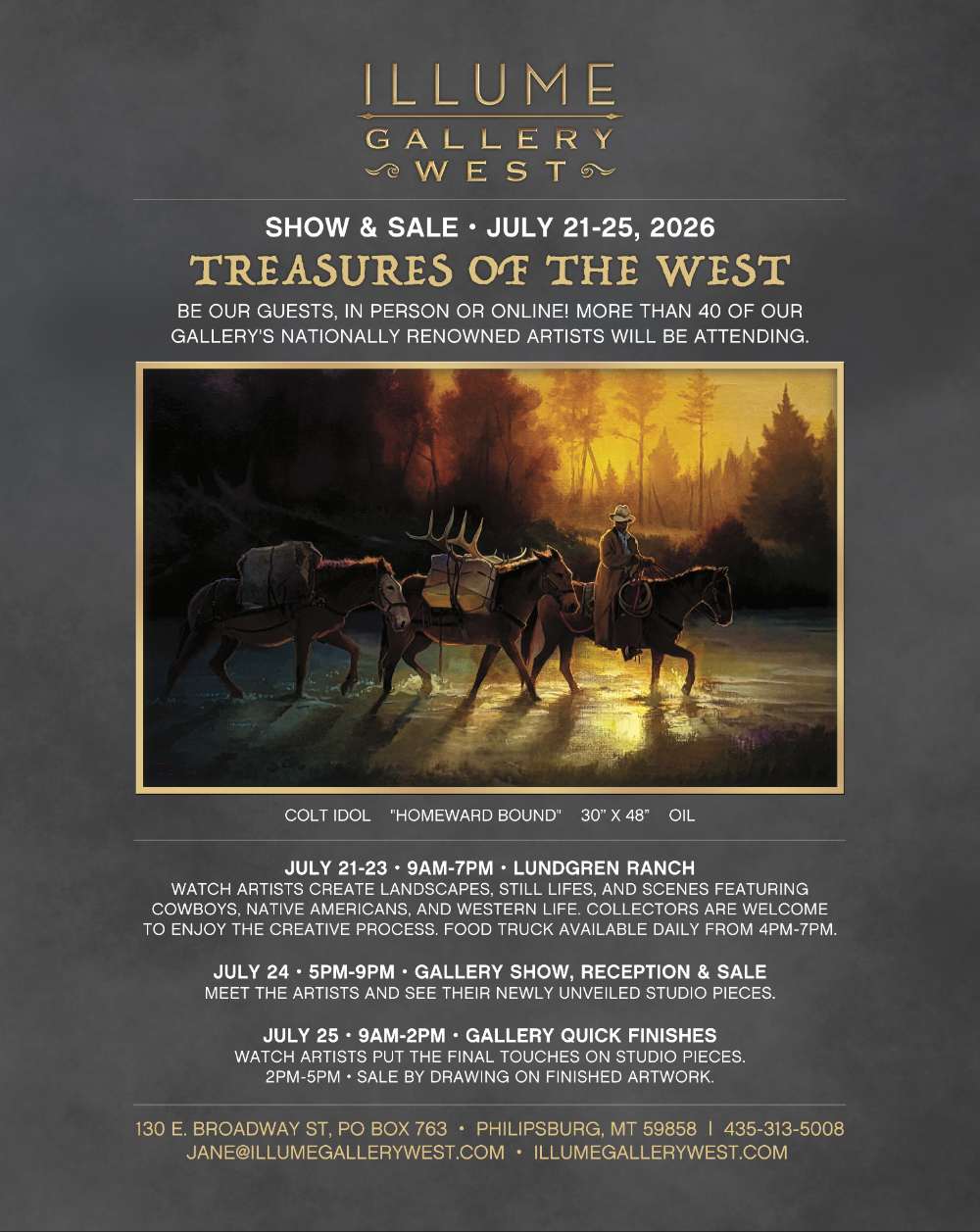 image of Illume Gallery West's Treasures of the West Ad with a painting by Colt Idol. As featured in Art of the West Magazine.