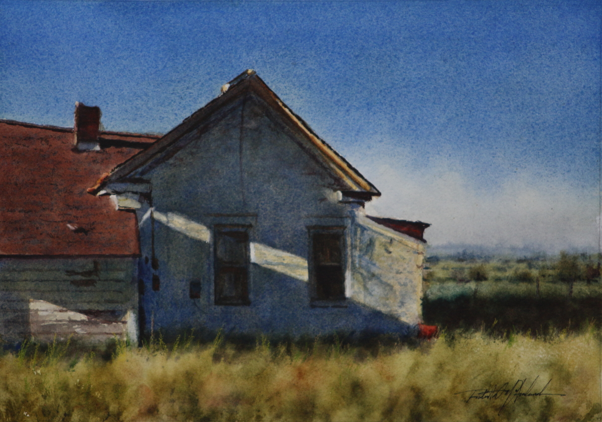 watercolor painting by Robert McFarland of an old ranch house with sunlight streaming along the side.