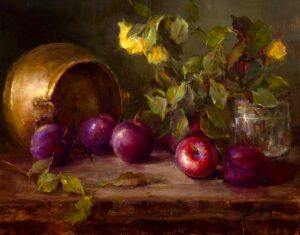 Stilllife painting by Stephanie Birdsall of an antique brass vessel laying on its side and a few plums are laying near the mouth of the vessle