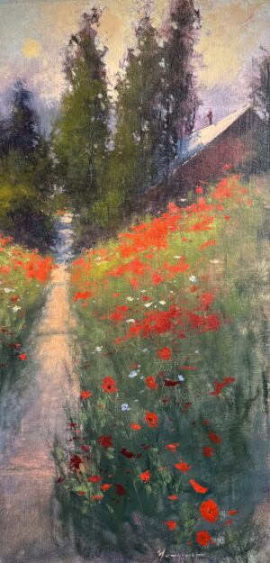 landscape painting by Romona Youngquist of a sidewalk bordered by poppies and other wildflowers