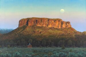 landscape oil painting by Dave English of a Mesa with a moon behind it and a small church in front