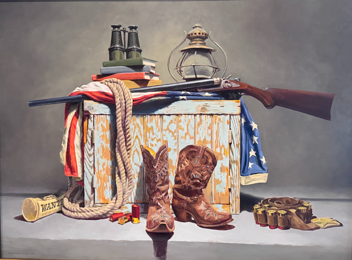 still life painting by Rich Alexander showing a collection of items, a lantern, americak falg, Boots, Rifle