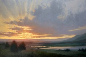 landscape painting by Jane Hunt depicting a beautiful sunrise breaking through the clouds over a creek