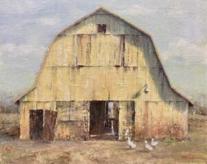 An impressionistic, highly textured painting titled 'Built to Last' by Brenda Boylan, featuring a massive, historic barn with a gambrel roof that dominates the canvas. The barn's rustic, weathered wood facade is rendered in faded yellow, cream, and ochre tones, with dark, open doorways visible at the base. In the dusty right foreground, three small white ducks walk along the ground under a soft, pale overcast sky.