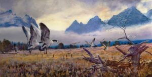 A realist landscape painting titled 'Chorus Of The Teewinot' by David Yorke. In the foreground, a flock of Canada geese takes flight over a textured golden and purple-toned meadow, with a weathered, gnarled dead tree stump resting on the right. In the background, majestic, jagged blue mountain peaks rise sharply above a thick blanket of low-lying white fog under a soft, overcast sky.