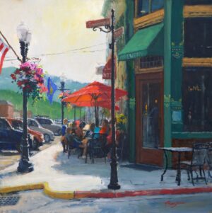 streetscape painting by Richard Boyer of. Corner Pub in Philipsburg, Montana