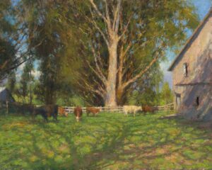 figural paintin gby Jim McVicker of a corral with cows in it