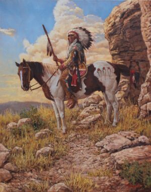 figural oil painting by Steven Lang of a native american warrior in a headdress on his horse