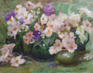 still life painting by Kathy Alexander of daffodils, lilacs, and dogwoods