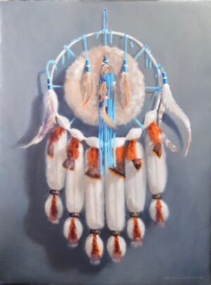 still life painting by Rich Alexander of a dream catcher
