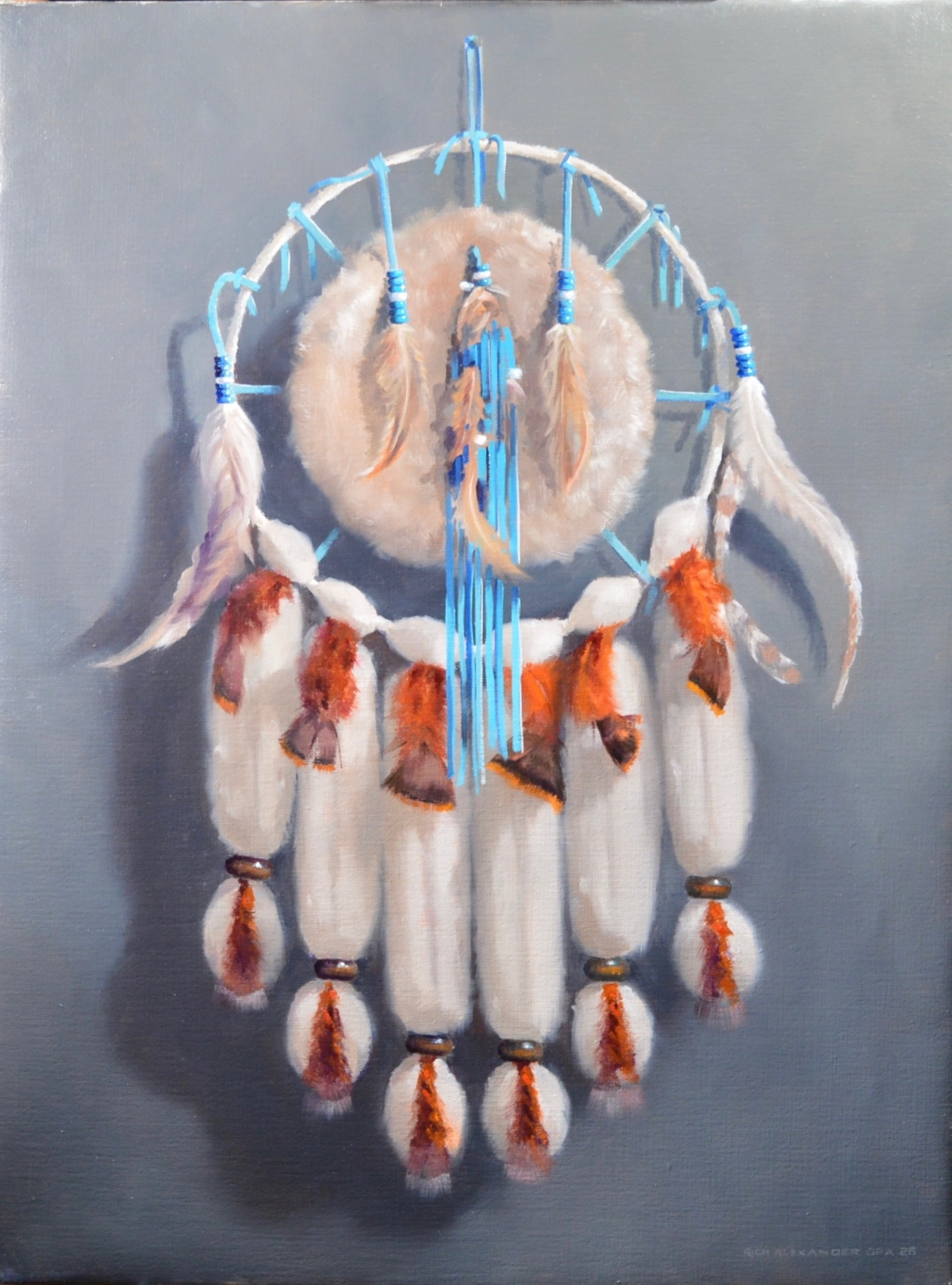 still life painting by Rich Alexander of a dream catcher