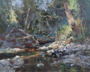 An expressionistic landscape painting titled 'Eurythmic' by Rick Delanty, depicting a rocky woodland stream. The piece features heavy, rhythmic impasto brushstrokes capturing a calm creek bed with dark reflections in the foreground, surrounded by tangled branches, mossy stones, and a prominent angled tree trunk on the right under a dappled forest canopy.
