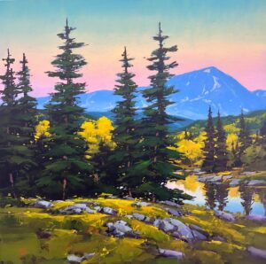 Landscape painting by Gregory Stocks of an evergreen treeline with a colorful mountain range in the background