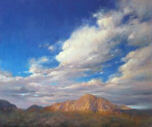 Landscape painting titled 'Evening Crescendo' by Barbara Jaenicke. A dramatic sky filled with voluminous, sunlit clouds dominates the upper canvas over a distant, rocky mountain peak bathed in the warm orange light of a sunset.