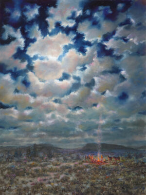 landscape painting by William Suys of a dramatic cloudy evening sky above a faraway fire circle of cowboys and horses