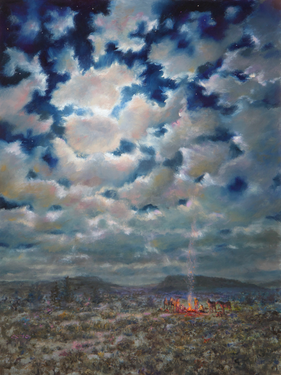 landscape painting by William Suys of a dramatic cloudy evening sky above a faraway fire circle of cowboys and horses
