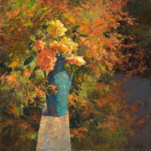 a colorful fall still life by Jim McVicker of a Japanese Maple in the backgoundd with a vase of Roses in the foreground