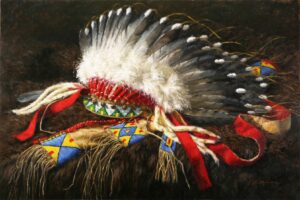 still life painting by Krystii Melaine of a native american headdress