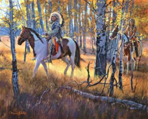 figural painting by David Yorke of a native american warrior on a horse in an aspen glen