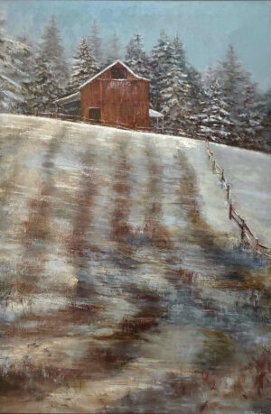 landscape painting by Brenda Boylan of a Barn on top of a rolling hill. The hill has a light dusting of snow