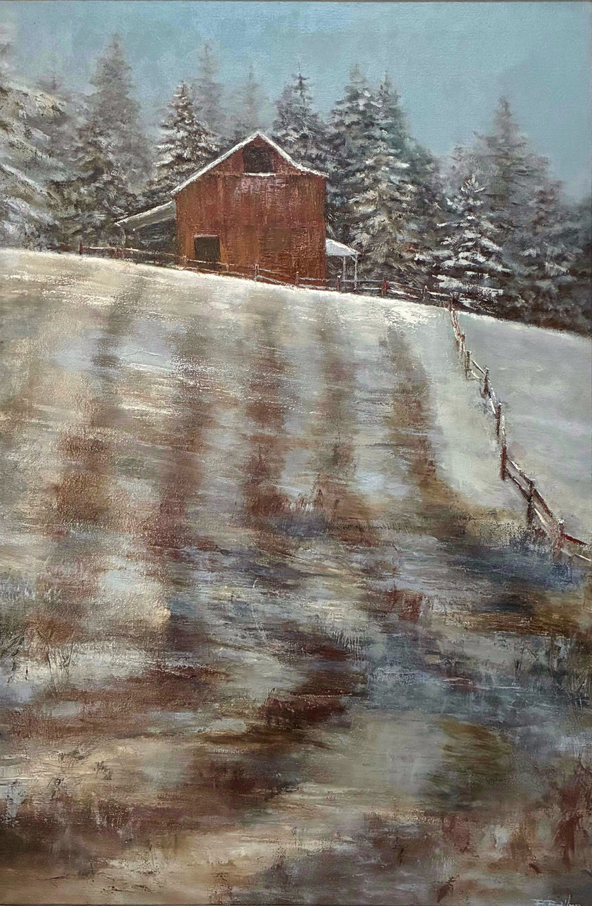landscape painting by Brenda Boylan of a Barn on top of a rolling hill. The hill has a light dusting of snow