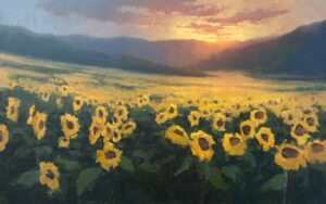 landscape pol painting by Jane Hunt of a sunflower field against a backdrop of a sunset over a far mountain range