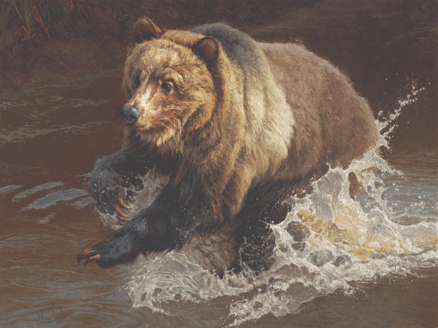 figural oil paintin gby Greg Beecham of a young grizzly bear running in a stream to catch up to his mom and sibling