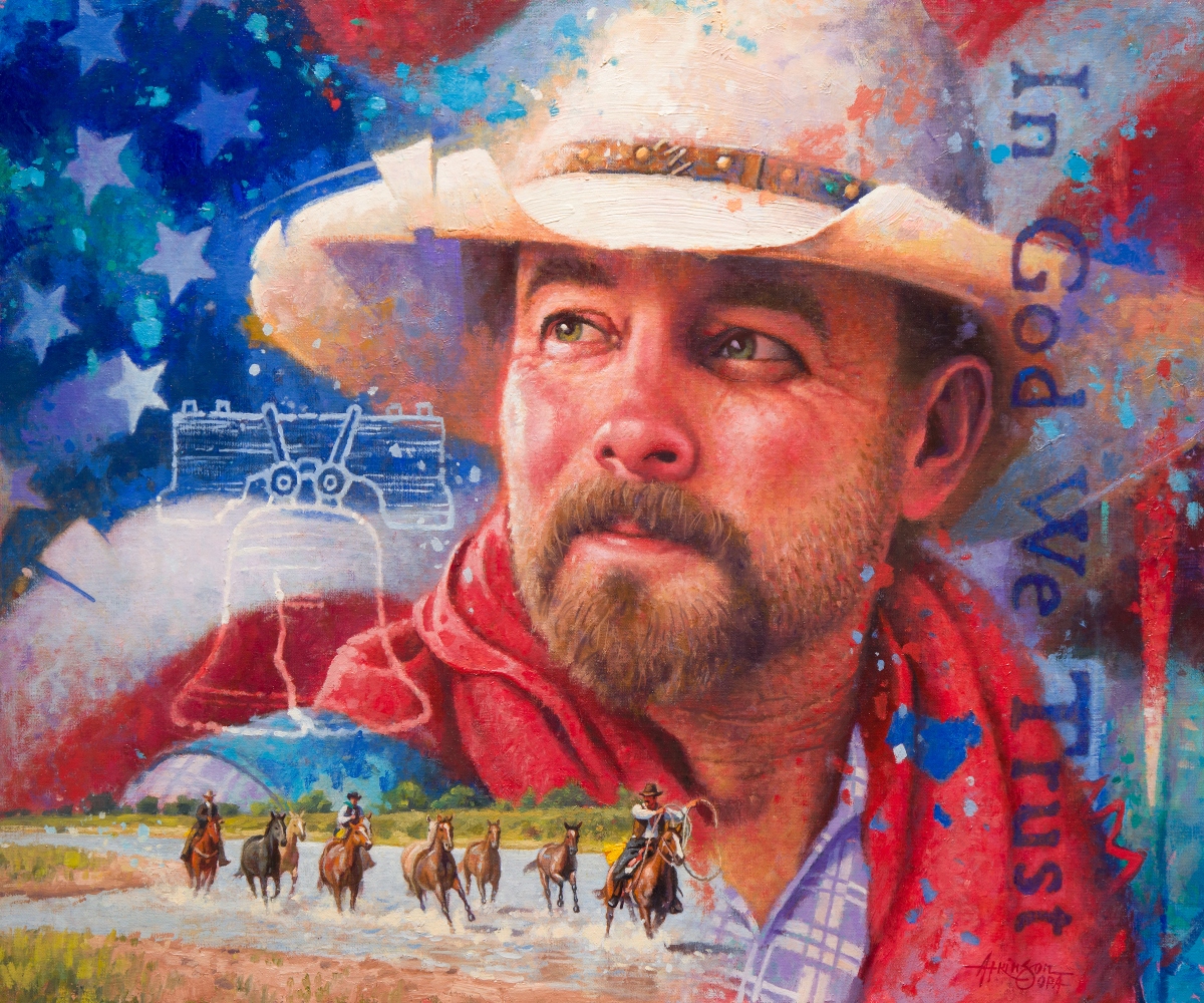 oil painting by Steve Atkinson, OPA of a montage showing an american flag in the backgrouond and a cowboy, a liberty bell, the words "In God We Trust" and a horse drive superimposed