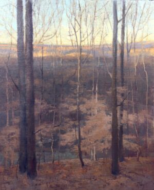 landscape painting by Shanna Kunz of a valley view looking through a stand of trees in late autumn