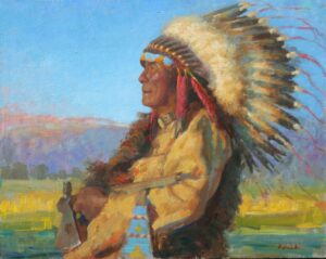 figural oil painting by William Kalwick of a native american cheif wearing a headdress and looking to the left