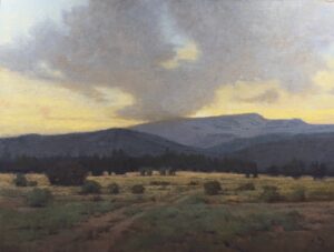 landscape painting by Shanna Kunz of a valley with mountains in the background