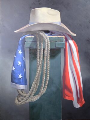 Still life painting by Rich Alexander of a american flag, white cowboy hat, and a white rope displayed on a pedestal
