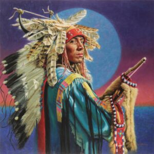 Figural Painting by Krystii Melaine of a Native American warrior in a beautiful headdress