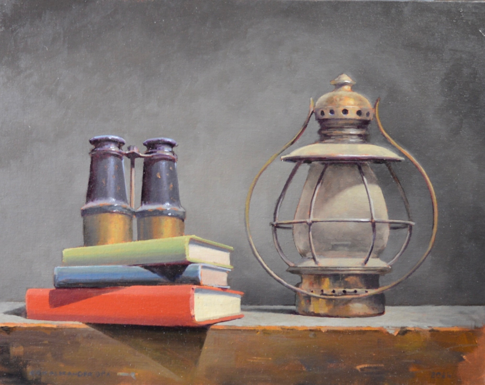 Still life painting by Rich Alexander of an old lantern next to two books with a pair of binoculars on the top