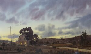 Landscape Watercolor by Brienne Brown of a barn and a cloudy dramatic sky