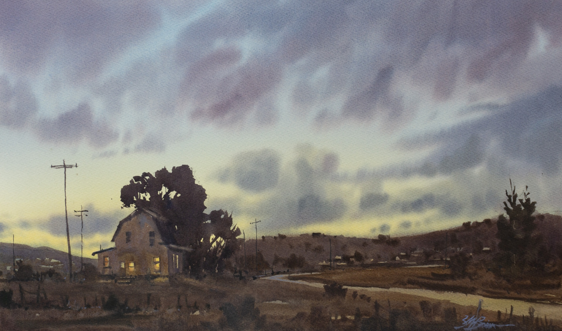 Landscape Watercolor by Brienne Brown of a barn and a cloudy dramatic sky
