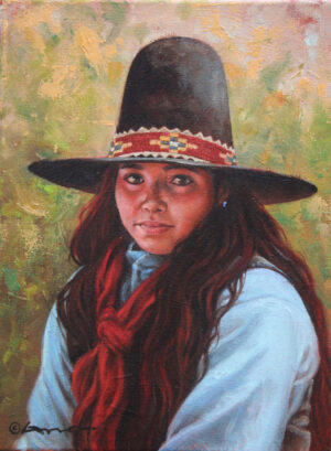 Figural painting by Steven Lang of a young Native American girl wearing a blue shirt, a vest and a large hat with a hatband