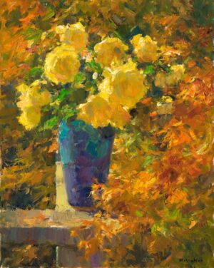 still life painting by Jim McVicker of a green vase with yello roses in the foreground against a backgroundd of a autumnal Japanese Maple Tree