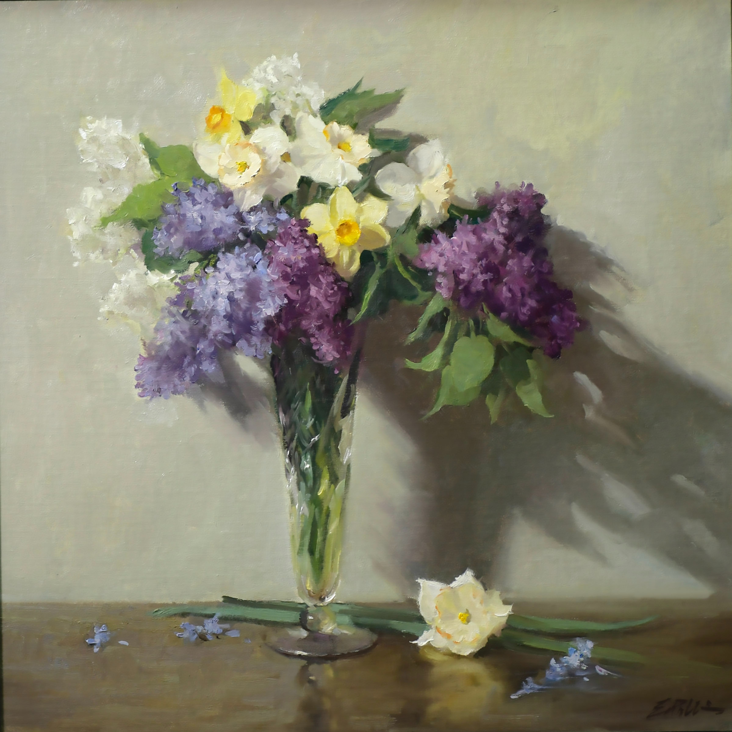 still life painting of roses and lilacs in a vase