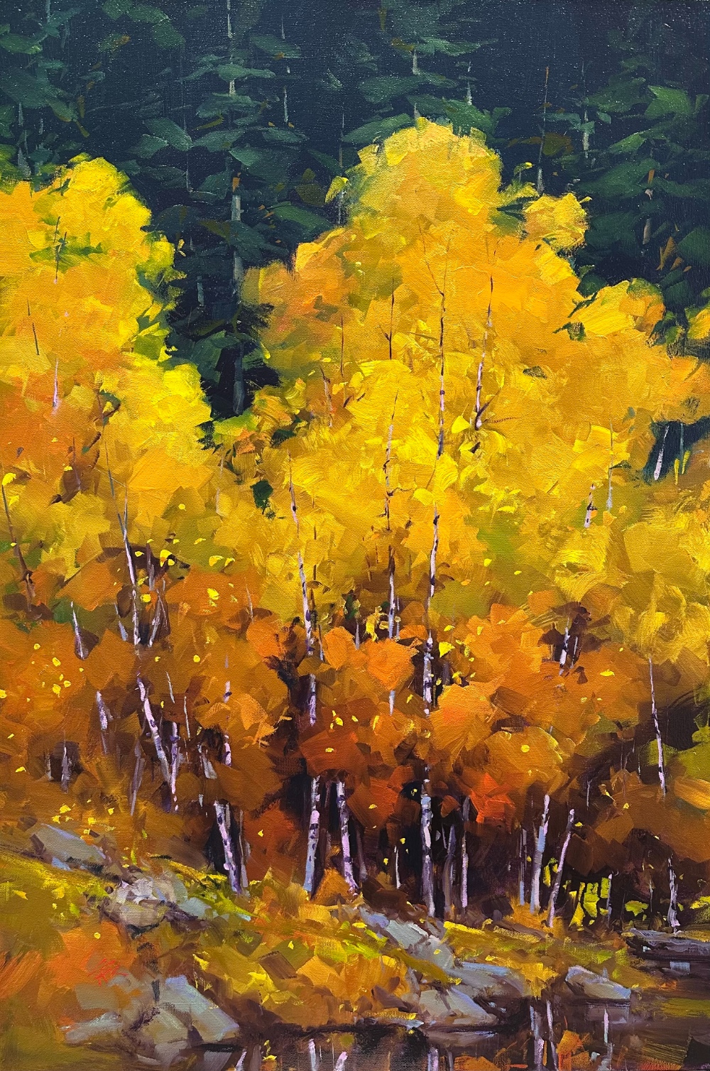 landscape painting by Gregory Stocks of a vibrant pair of aspens