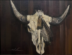 Painting by Stephen Stauffer of a steer skull