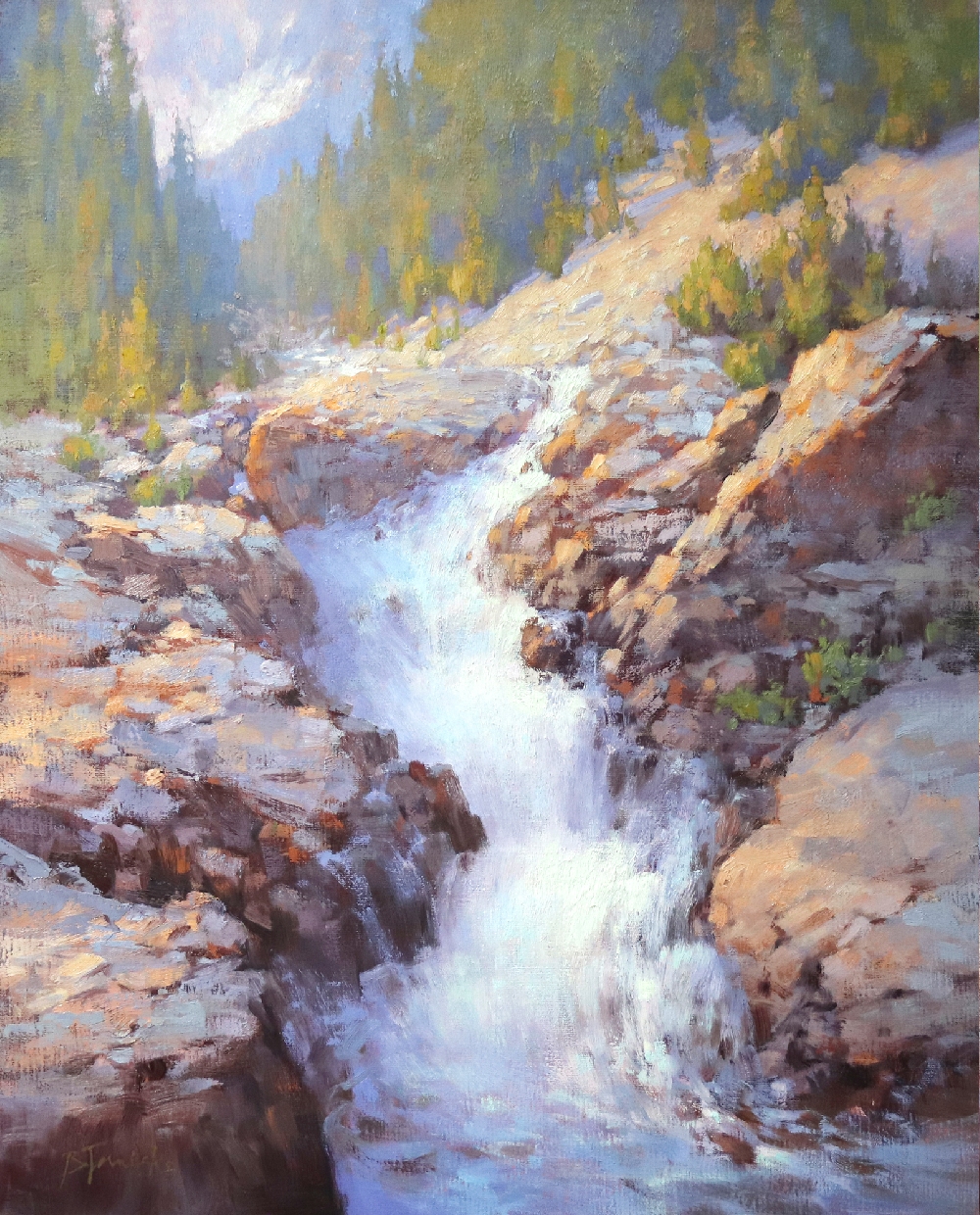 An impressionistic landscape painting capturing a rushing mountain stream cutting through textured rock formations. The scene features a dramatic contrast of cool shadows and warm, golden evening light hitting the rocks and distant pine forest.