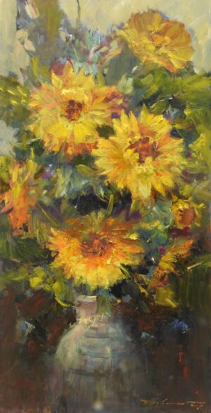 An impressionistic still life painting titled 'Sun Bouquet' by Rick Delanty, showcasing a vibrant, dense arrangement of large yellow sunflowers with fiery orange centers. The flowers and lush green foliage are rendered with thick, highly textured impasto brushstrokes, emerging from a small, light-colored ceramic vase against a muted, soft-toned background.