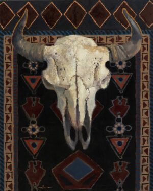 image of a still life painting by Jason Sacran of the skull of a bull.