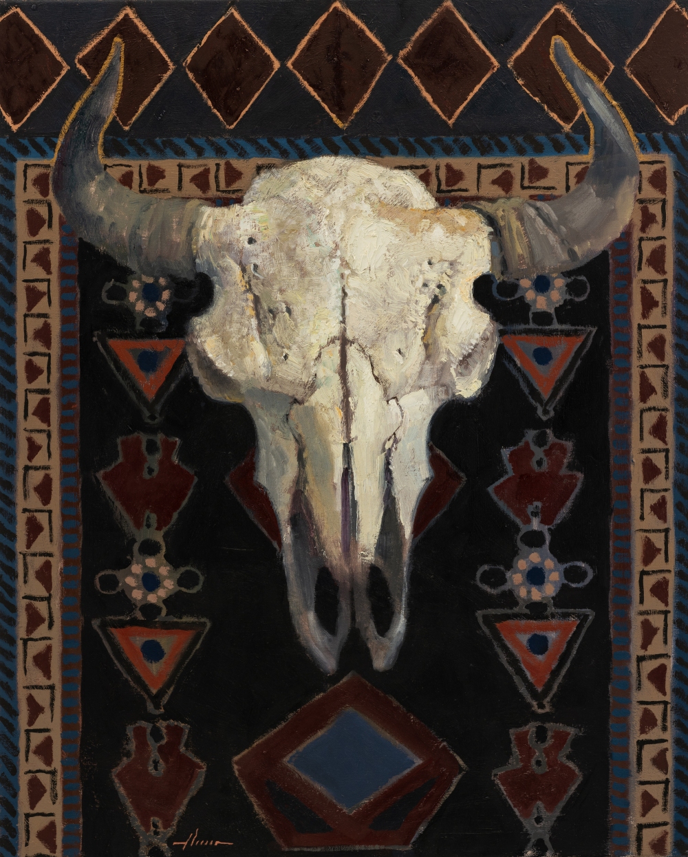 image of a still life painting by Jason Sacran of the skull of a bull.